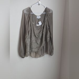 Belle France Blouse Women Small Taupe Silk Blend Embroidered Preppy Italy Y2K